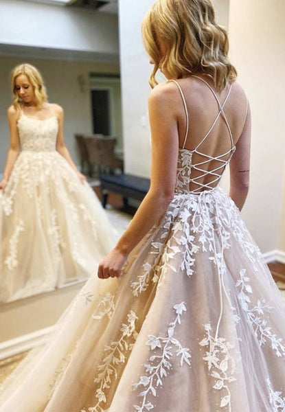 A Line Spaghetti Straps Long Champagne Lace Prom Dresses, Champagne Lace Formal Graduation Evening Dresses