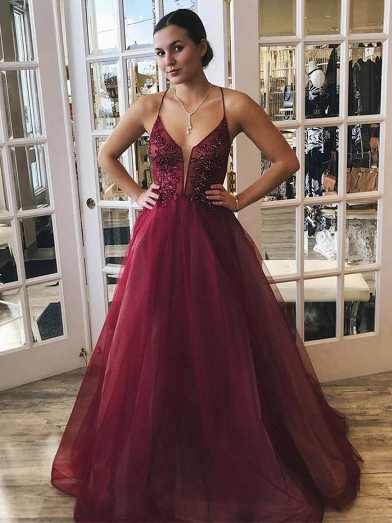A Line Spaghetti Straps V Neck Beaded Burgundy Long Prom Dresses, V Ne Shiny Party A Line Spaghetti Straps V Neck Beaded Burgundy Long Prom Dresses, V Ne Shiny Party
