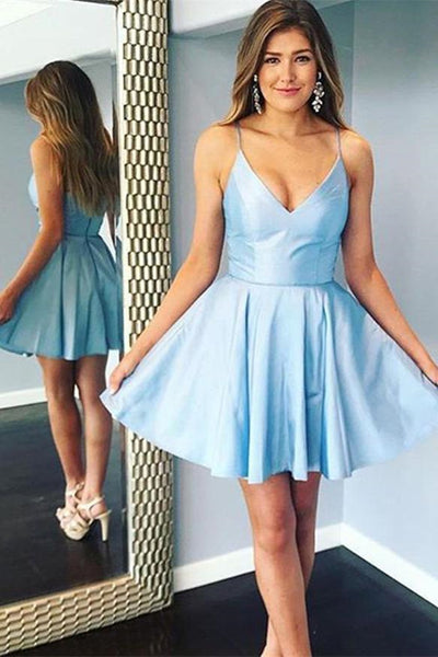 A Line Spaghetti Straps V Neck Short Light Blue Prom Homecoming Dresses, Light Blue Formal Graduation Evening Dresses