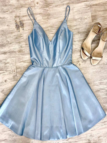 A Line Spaghetti Straps V Neck Short Light Blue Prom Homecoming Dresses, Light Blue Formal Graduation Evening Dresses