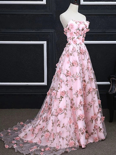 A Line Strapless Open Back 3D Flowers Pink Lace Prom Dresses, Pink Formal Graduation Evening Dresses with 3D Flowers