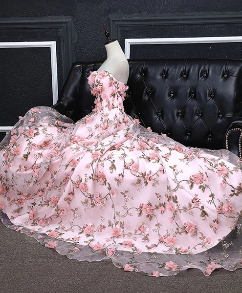 A Line Strapless Open Back 3D Flowers Pink Lace Prom Dresses, Pink Formal Graduation Evening Dresses with 3D Flowers