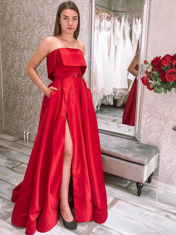 A Line Strapless Red Satin Long Prom Dresses with Pocket, High Slit Red Formal Graduation Evening Dresses SP2097