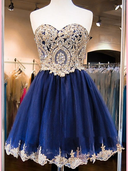 A Line Sweetheart Neck Short Blue Prom Dresses, Blue Homecoming Dress, Blue Graduation Dress