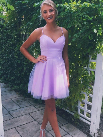 A Line Sweetheart Neck Short Purple Prom Dresses with Straps, Short Purple Formal Graduation Homecoming Dresses