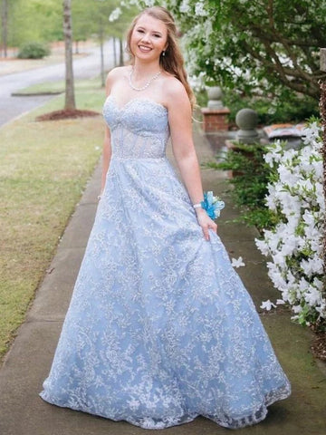 A Line Sweetheart Neck Strapless Light Blue Lace Long Prom Dresses, Light Blue Lace Formal Graduation Evening Dresses