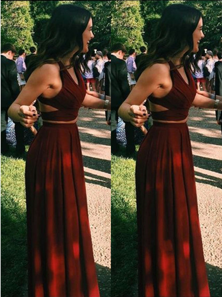 A Line Two Pieces Maroon Long Prom Dresses, Two Pieces Maroon Bridesmaid Dresses
