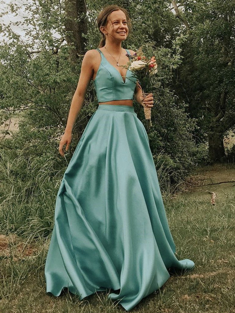 A Line V Neck 2 Pieces Green Satin Long Prom Dresses, Two Pieces Green Long Formal Evening Dresses A Line V Neck 2 Pieces Green Satin Long Prom Dresses, Two Pieces Green Long Formal Evening Dresses