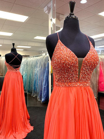 A Line V Neck Backless Beaded Orange Chiffon Long Prom Dresses, Orange Formal Evening Dresses