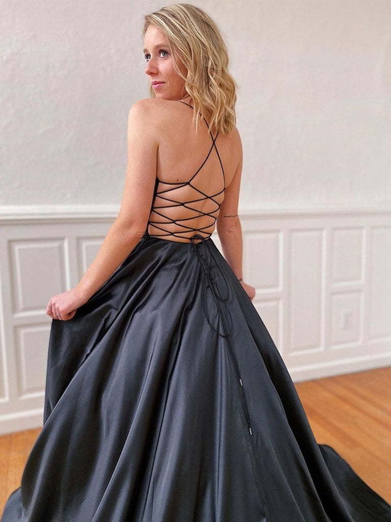 A Line V Neck Backless Black Long Prom Dresses, Backless Black Formal Shiny Party A Line V Neck Backless Black Long Prom Dresses, Backless Black Formal Shiny Party