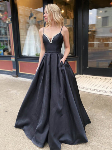 A Line V Neck Backless Black Long Prom Dresses with Beadings, Backless Black Formal Dresses, Black Evening Dresses