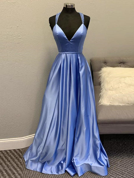 A Line V Neck Backless Blue Long Prom Dresses, Open Back Blue Formal Graduation Evening Dresses