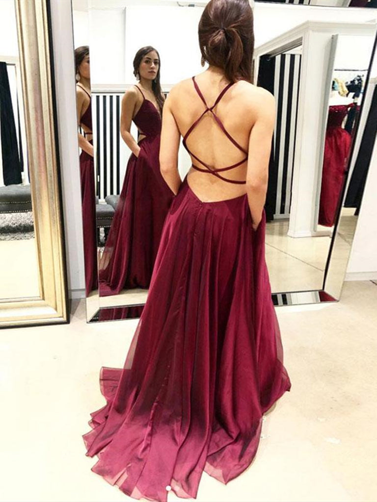 A Line V Neck Backless Burgundy Chiffon Long Prom Dresses with Pocket, Shiny Party A Line V Neck Backless Burgundy Chiffon Long Prom Dresses with Pocket, Shiny Party
