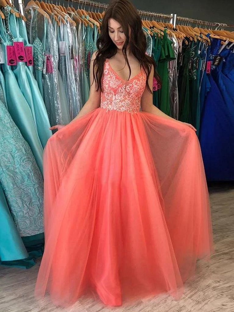 A Line V Neck Backless Coral Lace Long Prom Dresses, Backless Coral Lace Formal Dresses, Coral Lace Evening Dresses A Line V Neck Backless Coral Lace Long Prom Dresses, Backless Coral Lace Formal Dresses, Coral Lace Evening Dresses