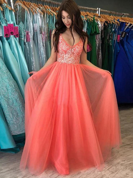 A Line V Neck Backless Coral Lace Long Prom Dresses, Backless Coral Lace Formal Dresses, Coral Lace Evening Dresses