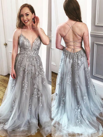 A Line V Neck Backless Gray Lace Long Prom Dresses, Grey Lace Formal Evening Dresses