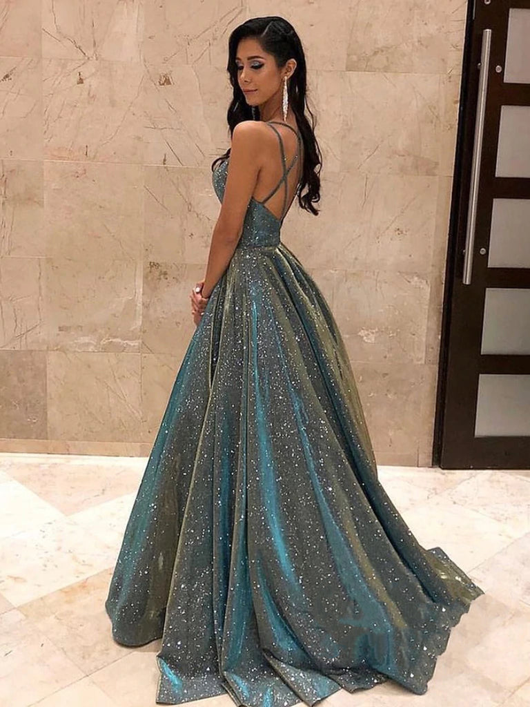 A Line V Neck Backless Gray Long Prom Dresses, Backless Grey Formal Gr Shiny Party A Line V Neck Backless Gray Long Prom Dresses, Backless Grey Formal Gr Shiny Party