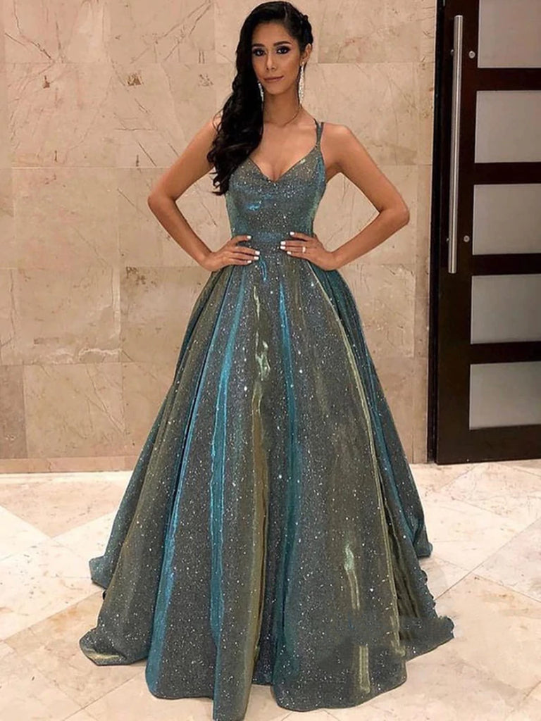 A Line V Neck Backless Gray Long Prom Dresses, Backless Grey Formal Gr Shiny Party A Line V Neck Backless Gray Long Prom Dresses, Backless Grey Formal Gr Shiny Party