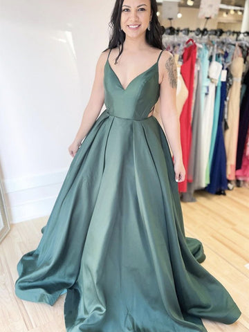A Line V Neck Backless Green Satin Long Prom Dresses, Open Back Green Formal Dresses, Green Evening Dresses