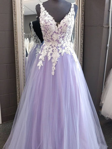 A Line V Neck Backless Lace Purple Long Prom Dresses, Purple Lace Formal Graduation Evening Dresses