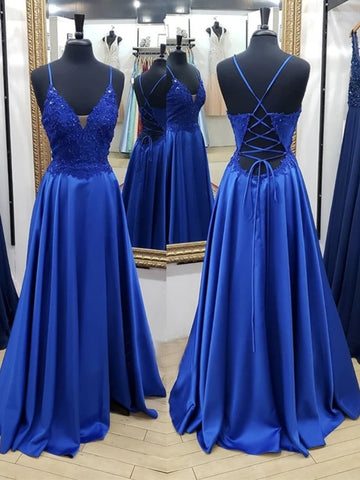 A Line V Neck Backless Long Blue Lace Prom Dresses, Backless Blue Lace Formal Graduation Evening Dresses