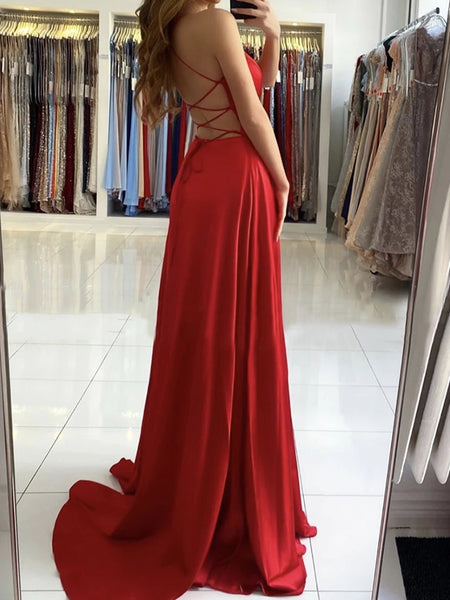 A Line V Neck Backless Long Red Prom Dresses with High Slit, Backless Red Formal Graduation Evening Dresses