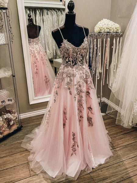 A Line V Neck Backless Pink Lace Floral Long Prom Dresses, Long Pink Lace Formal Graduation Evening Dresses