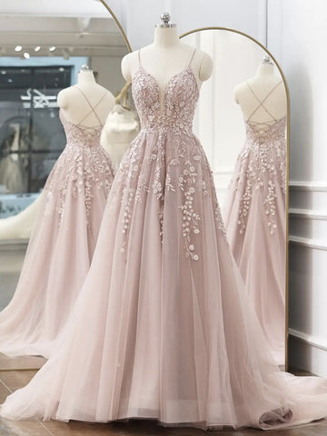 A Line V Neck Backless Pink Lace Floral Long Prom Dresses, Pink Lace Formal Graduation Evening Dresses SP2114