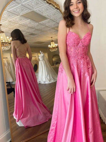 A Line V Neck Backless Pink Lace Long Prom Dresses, Pink Lace Formal Dresses, Pink Evening Dresses SP2581