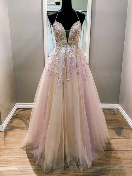 A Line V Neck Backless Pink Lace Floral Long Prom Dresses, V Neck Pink Formal Dresses, Pink Lace Evening Dresses