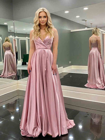 A Line V Neck Backless Pink Long Prom Dresses, V Neck Pink Formal Graduation Evening Dresses SP2312