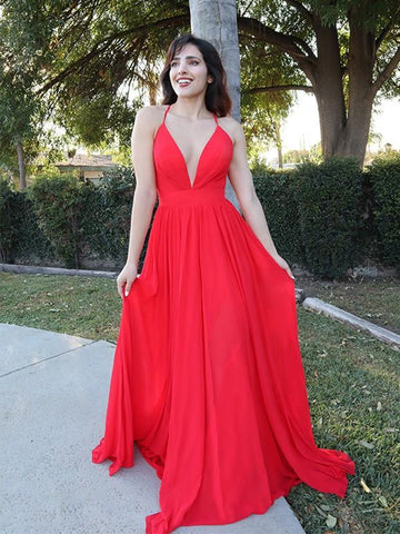A Line V Neck Backless Red Long Prom Dresses, Open Back Red Formal Graduation Evening Dresses