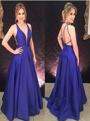 A Line V Neck Backless Royal Blue Prom Dress, Royal Blue Formal Dress, Backless Evening Dress