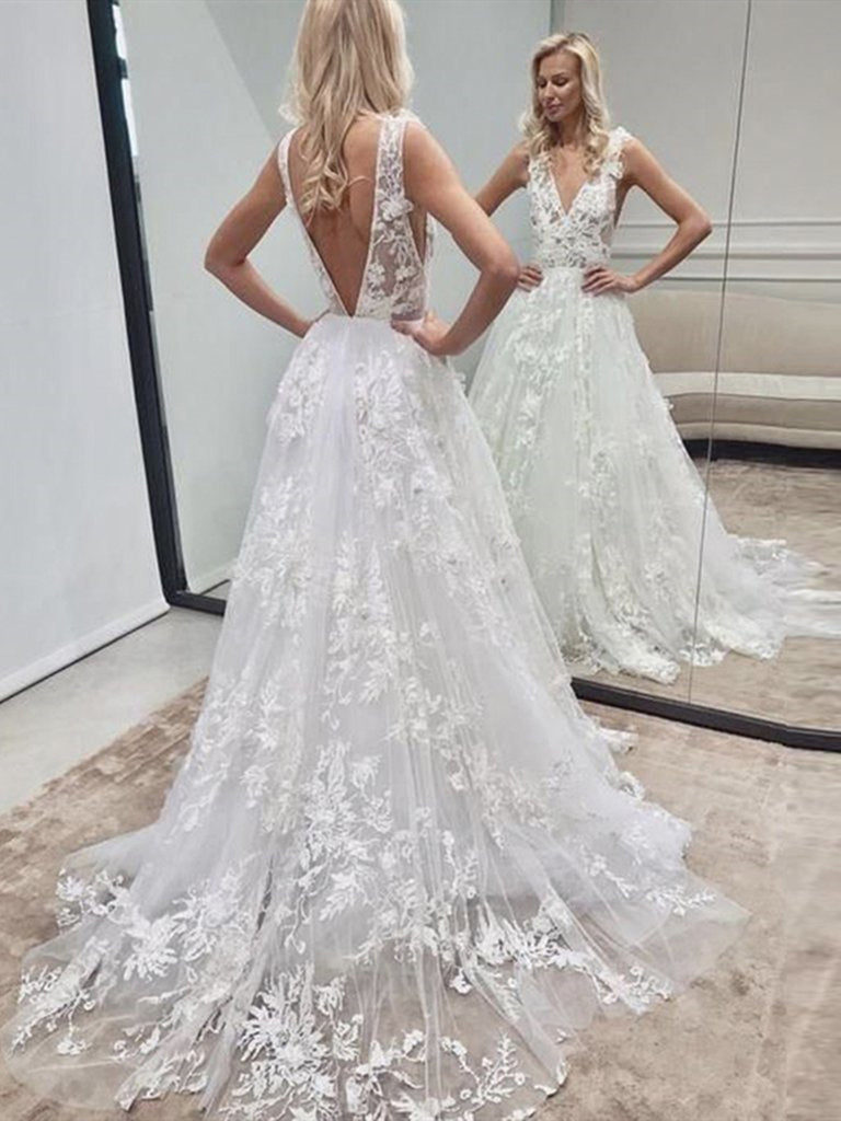 A Line V Neck Backless White Lace Wedding Dresses, Open Back White