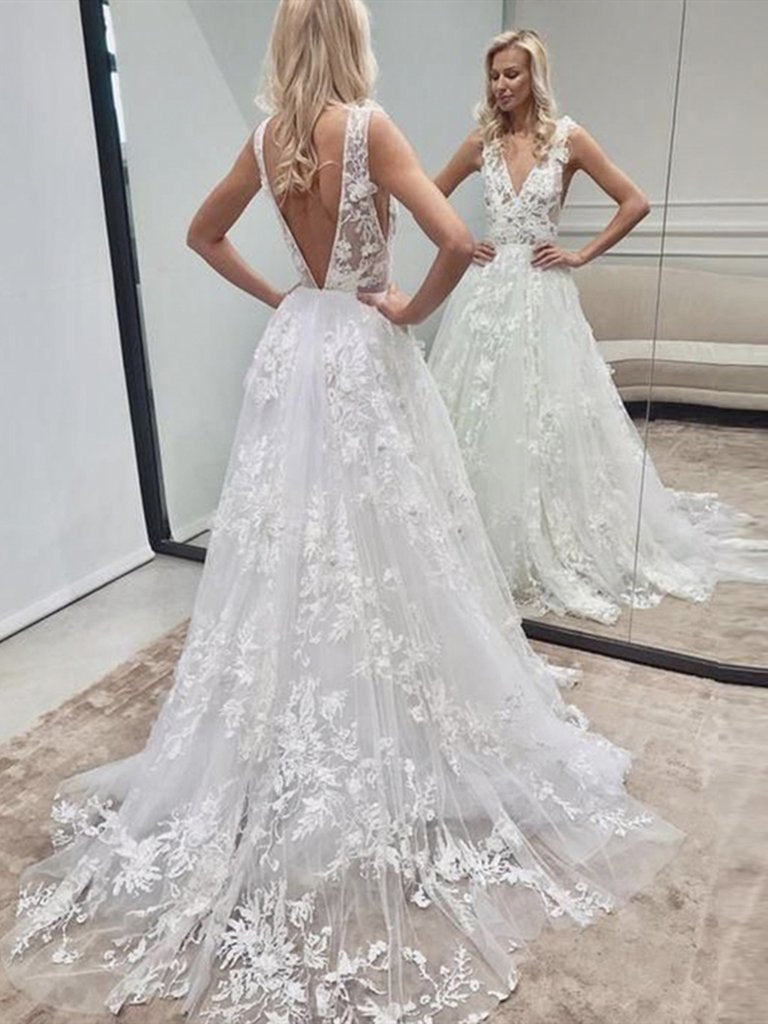 A Line V Neck Backless White Lace Wedding Dresses, Open Back White Lac Shiny Party A Line V Neck Backless White Lace Wedding Dresses, Open Back White Lac Shiny Party