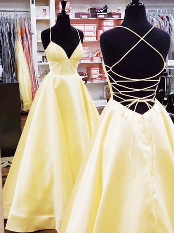A Line V Neck Backless Yellow Long Prom Dresses with Cross Back, Backless Yellow Formal Graduation Evening Dresses