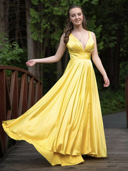 A Line V Neck Backless Yellow Satin Long Prom Dresses, Backless Yellow Formal Dresses, Yellow Evening Dresses