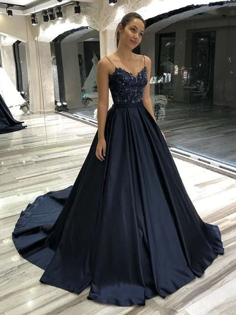 A Line V Neck Beaded Black Lace Long Prom Dresses, Black Formal Graduation Evening Dresses SP2525