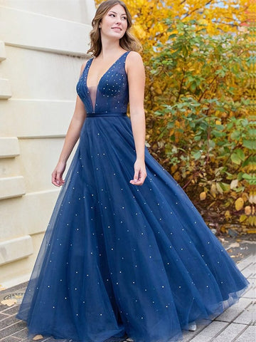 A Line V Neck Beaded Navy Blue Long Prom Dresses, V Neck Dark Blue Tulle Long Formal Evening Dresses