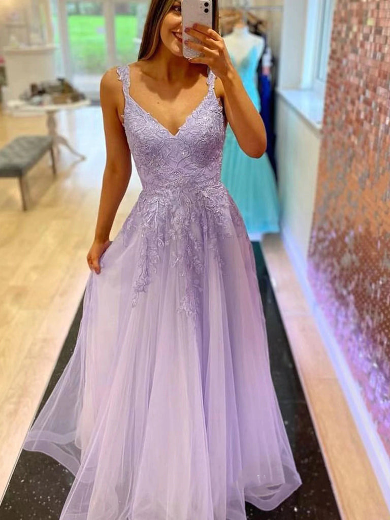 A Line V Neck Beaded Purple Lace Long Prom Dresses, Lilac Lace