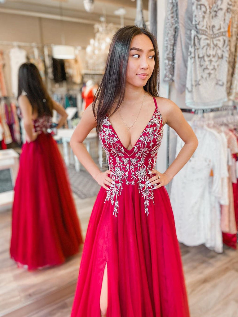 A Line V Neck Beaded Red Long Prom Dresses with Slit, V Neck Red Formal Dresses, Red Evening Dresses