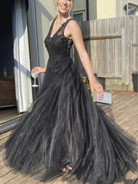 A Line V Neck Black Lace Tulle Long Prom Dresses, Black Lace Formal Dresses, Black Evening Dresses SP2595