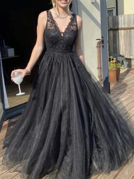 A Line V Neck Black Lace Tulle Long Prom Dresses, Black Lace Formal Dresses, Black Evening Dresses SP2595