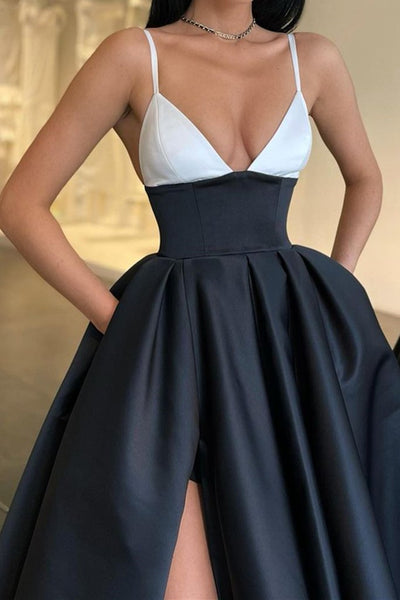 A Line V Neck Black White Long Prom Dresses with High Slit, V Neck Black White Formal Evening Dresses