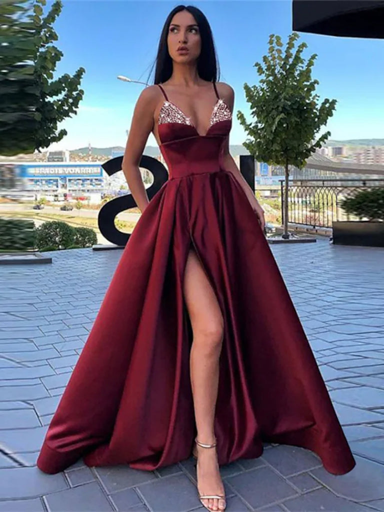 A Line V Neck Blue/Black/Red/Burgundy Satin Long Prom Dresses with Sequins, Long Blue/Black/Red/Burgundy Formal Evening Dresses with High Slit SP2463 A Line V Neck Blue/Black/Red/Burgundy Satin Long Prom Dresses with Sequins, Long Blue/Black/Red/Burgundy Formal Evening Dresses with High Slit SP2463