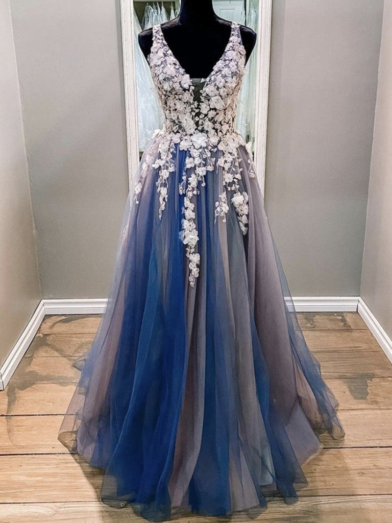 A Line V Neck Blue Lace Floral Long Prom Dresses, Blue Lace Formal Evening Dresses with Appliques