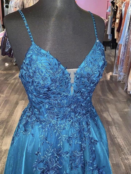 A Line V Neck Blue Lace Long Prom Dresses, V Neck Blue Formal Dresses, Blue Lace Evening Dresses