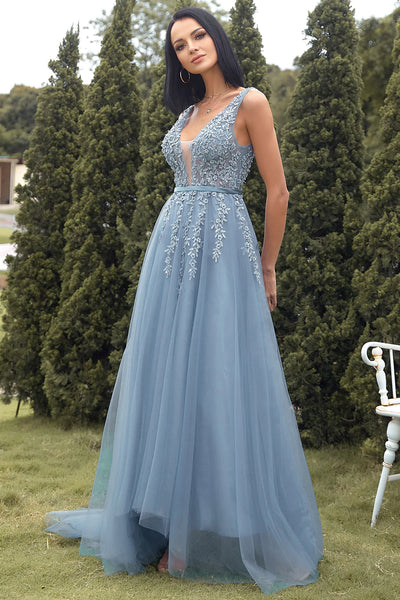 A Line V Neck Blue Lace Tulle Long Prom Dresses, Blue Lace Formal Dresses, Blue Evening Dresses SP2438