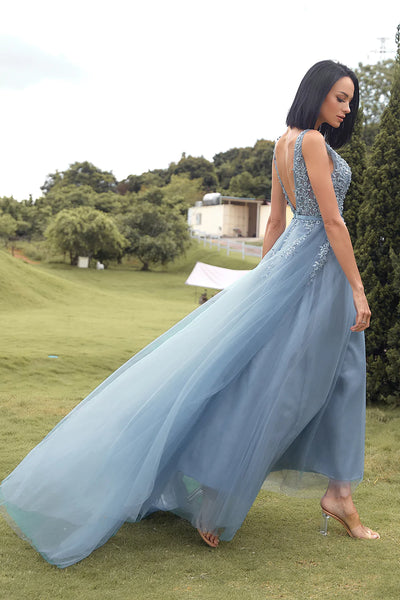 A Line V Neck Blue Lace Tulle Long Prom Dresses, Blue Lace Formal Dresses, Blue Evening Dresses SP2438