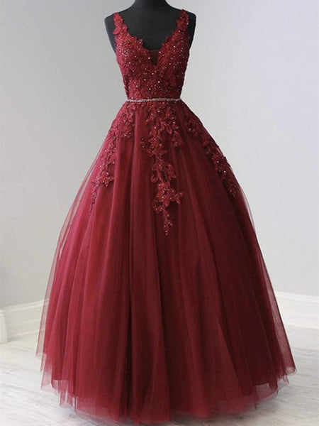 A Line V Neck Burgundy Lace long Prom Dresses, Burgundy Lace Formal Dresses, Burgundy Evening Dresses EP1597 main image 0